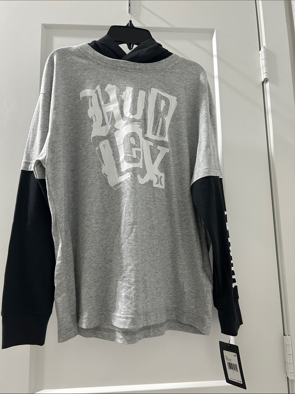Hurley Gray Top with Black Layered Sleeves and Hood.